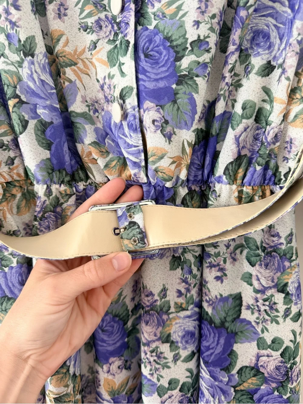 California Looks Vintage Purple Floral Belted Midi Dress